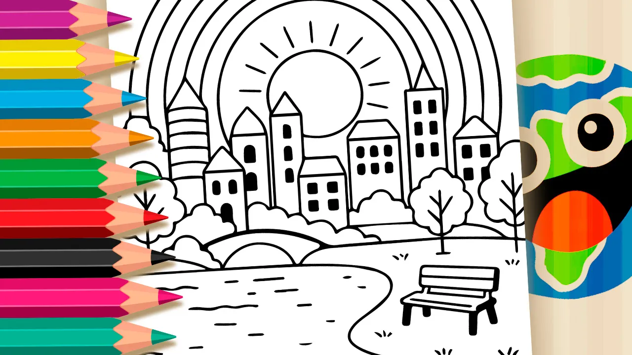 Paisagem para colorir mostrando uma cidade com prédios variados, um grande arco-íris e sol ao fundo, um balão de ar quente no céu, árvores, um lago e um banco de praça em primeiro plano.