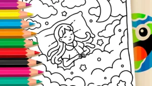 Desenho para colorir Desenho de Menina Sonhando nas Nuvens para Colorir