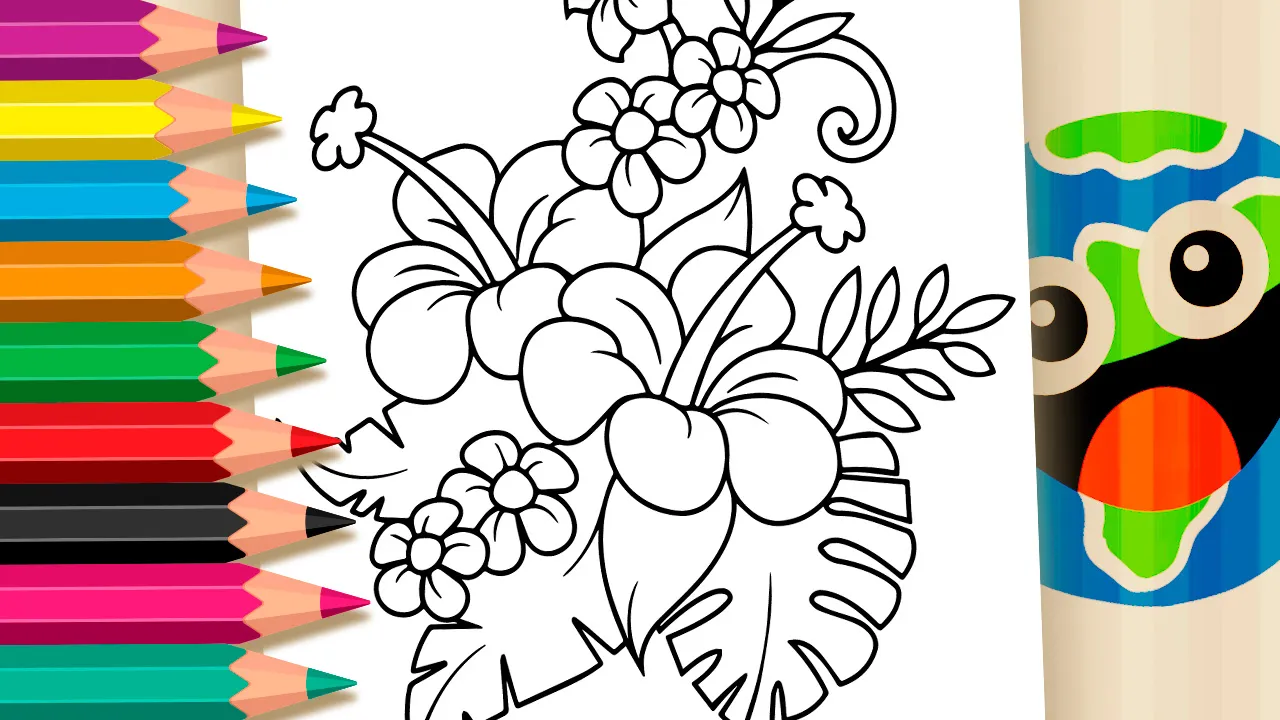 Ilustração em preto e branco de um arranjo floral vertical contendo duas grandes flores de hibisco, pequenas flores de cinco pétalas e diversas folhas tropicais e samambaias.