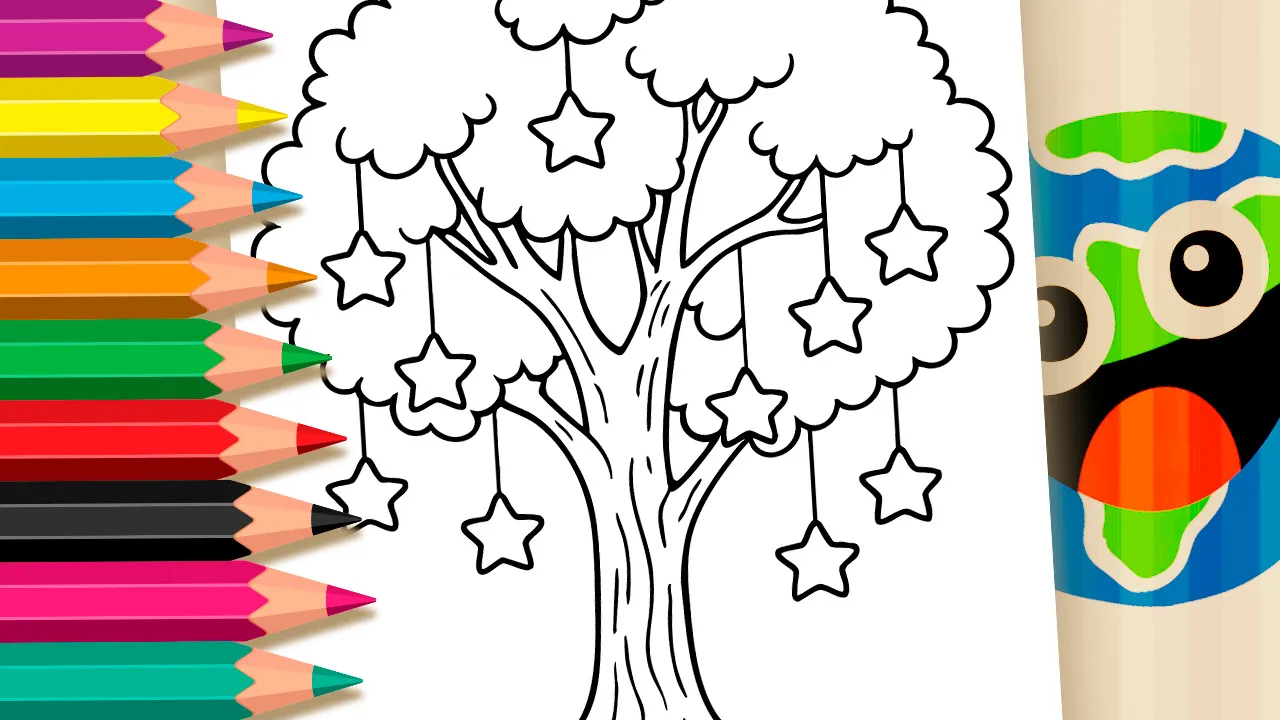 Ilustração em preto e branco de uma árvore frondosa e mágica, onde estrelas de cinco pontas pendem dos galhos como se fossem frutos, pronta para colorir.