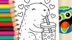 Desenho para colorir Desenho Kawaii de Capivara Tomando Milk Shake para Colorir - Imprimir PDF Grátis ou Pintar Online!