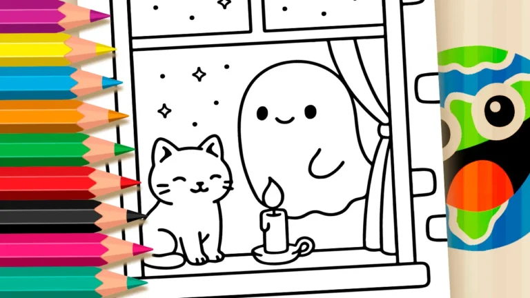 Desenho para colorir Desenho de Fantasma Kawaii na Casinha Encantada para Colorir