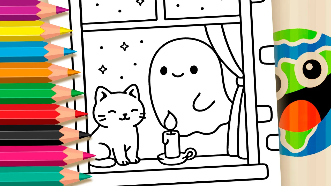 Desenho com traço grosso estilo kawaii mostrando um fantasma sorridente e um gato sentados no parapeito de uma janela em arco de pedra, com uma vela acesa, observando um morcego e a lua no céu noturno.