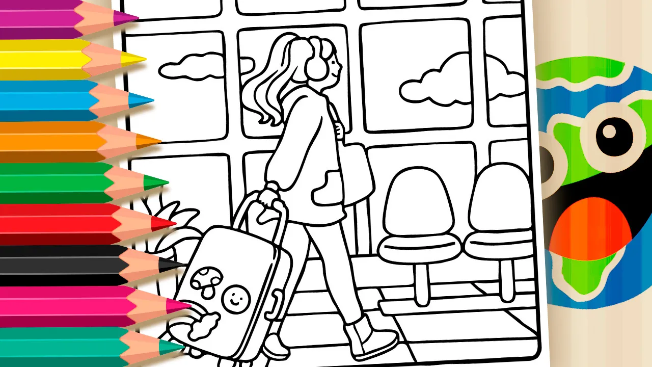 Desenho de menina viajando para colorir - garota kawaii com mala no aeroporto e aviões - imprimir PDF ou colorir online