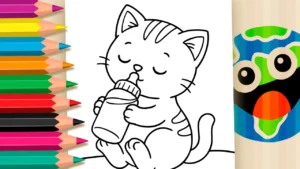 Desenho para colorir Desenho de Gatinho Bebê com Mamadeira para Colorir