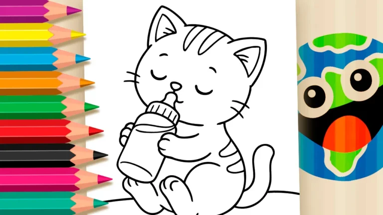 Desenho para colorir Desenho de Gatinho Bebê com Mamadeira para Colorir