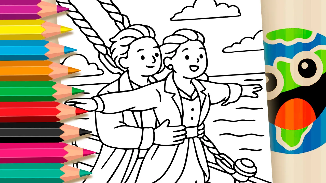 Ilustração em traço preto e branco estilo kawaii de um casal recriando a cena clássica do filme Titanic na proa do navio, com a menina de braços abertos e o menino a segurando, cercados por cordas, nuvens e mar.
