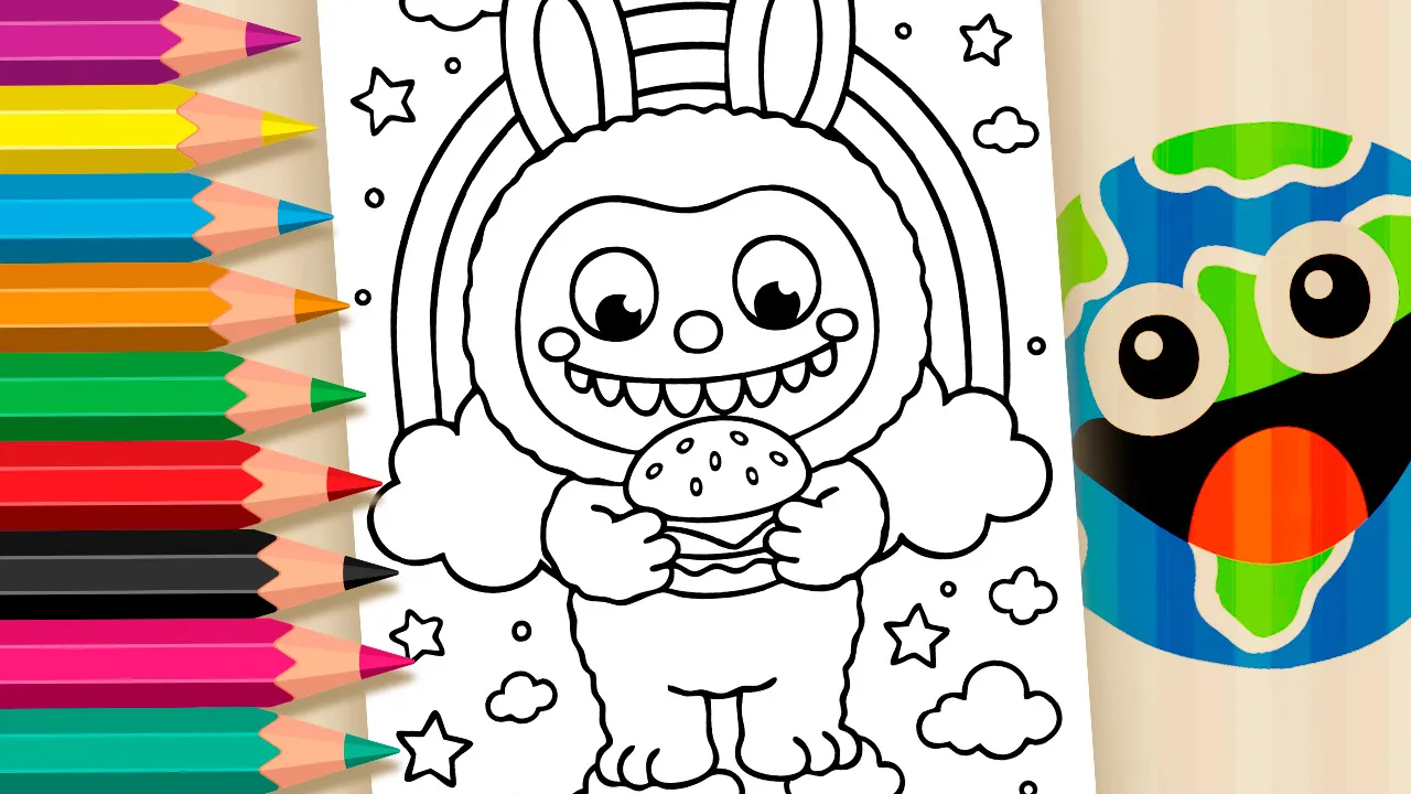 Desenho do Labubu com Hambúrguer para Colorir