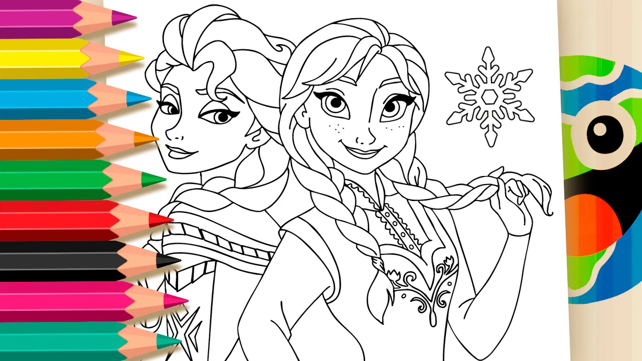 Desenho em linha preta das irmãs Elsa e Anna do filme Frozen lado a lado; Anna segura sua trança sorrindo e Elsa olha confiante sobre o ombro, com um floco de neve ao fundo.