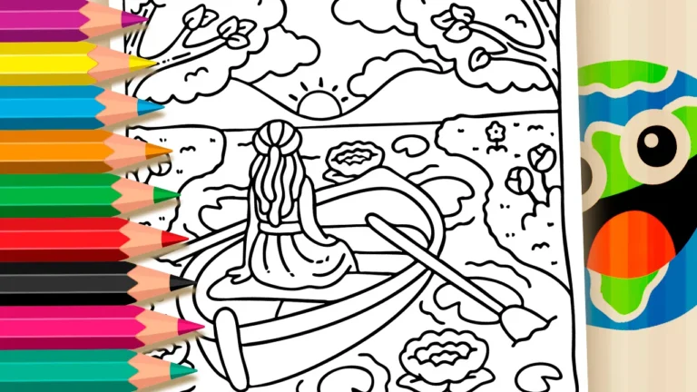 Desenho para colorir Desenho de Passeio de Canoa ao Pôr do Sol para Colorir