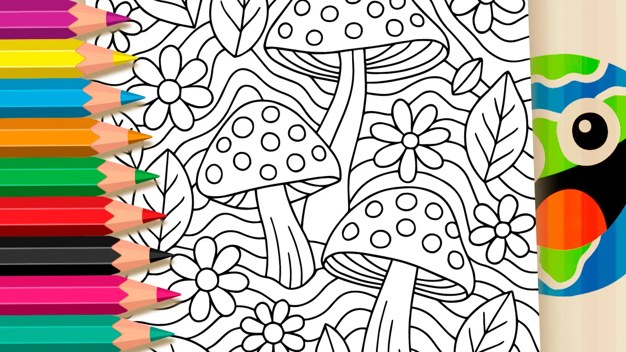 Ilustração complexa estilo zentangle para adultos contendo três grandes cogumelos cercados por flores e folhas, sobre um fundo de linhas onduladas abstratas.