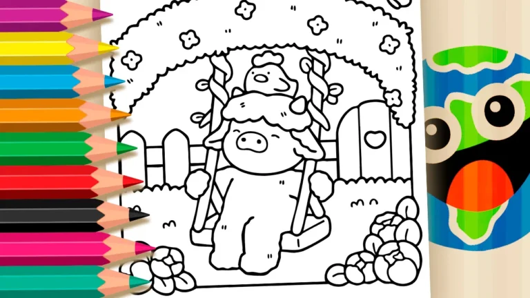Desenho para colorir Desenho de Touro e Galinha Amigos no Balanço para Colorir