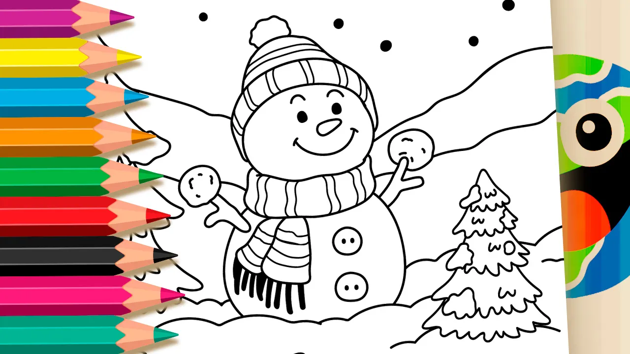 Desenho de boneco de neve de natal para colorir - boneco sorridente com gorro segurando bolas de neve e pinheiros ao fundo - imprimir PDF grátis