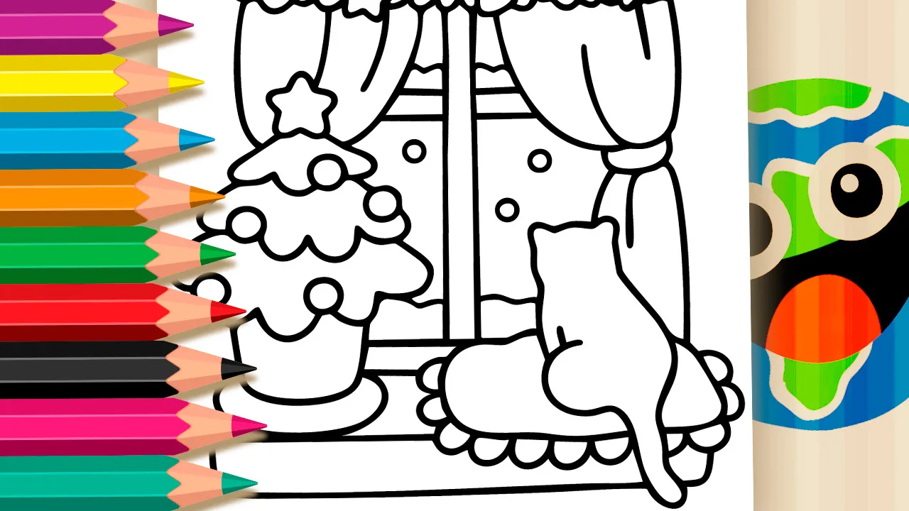 Desenho de gato no natal para colorir - gatinho kawaii olhando a neve pela janela com árvore - imprimir PDF ou online