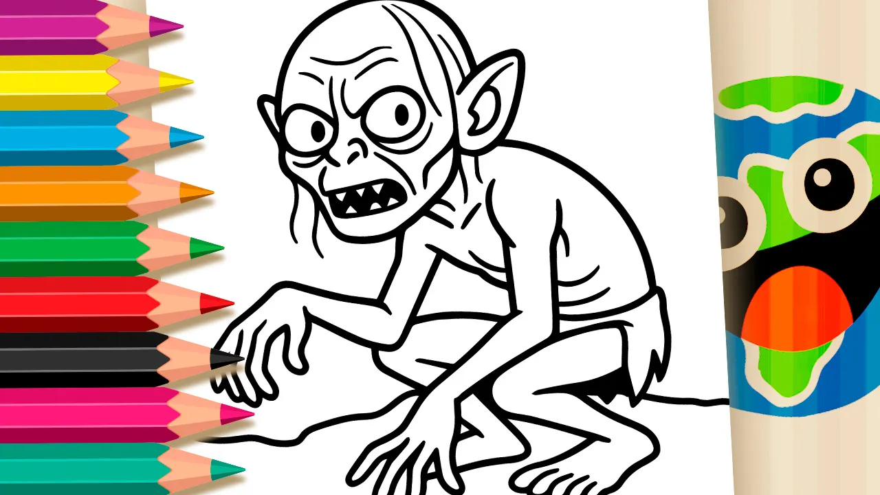Ilustração em traço preto e branco do Gollum de O Senhor dos Anéis agachado, com olhos grandes e expressivos, olhando para a frente, pronto para colorir.