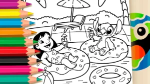 Desenho para colorir Desenho de Lilo e Stitch de Férias para Colorir