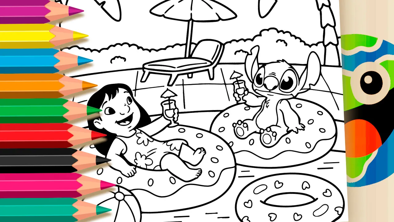 Desenho para colorir mostrando Lilo e Stitch boiando em anéis infláveis numa piscina tropical, segurando bebidas com guarda-chuvinhas, com coqueiros e sol ao fundo.