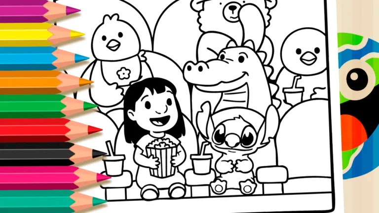 Desenho para colorir Desenho de Lilo e Stitch no Cinema para Colorir e Imprimir