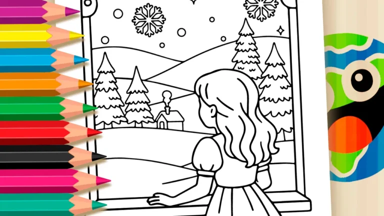 Desenho para colorir Desenho de Menina na Janela com Neve para Colorir e Imprimir