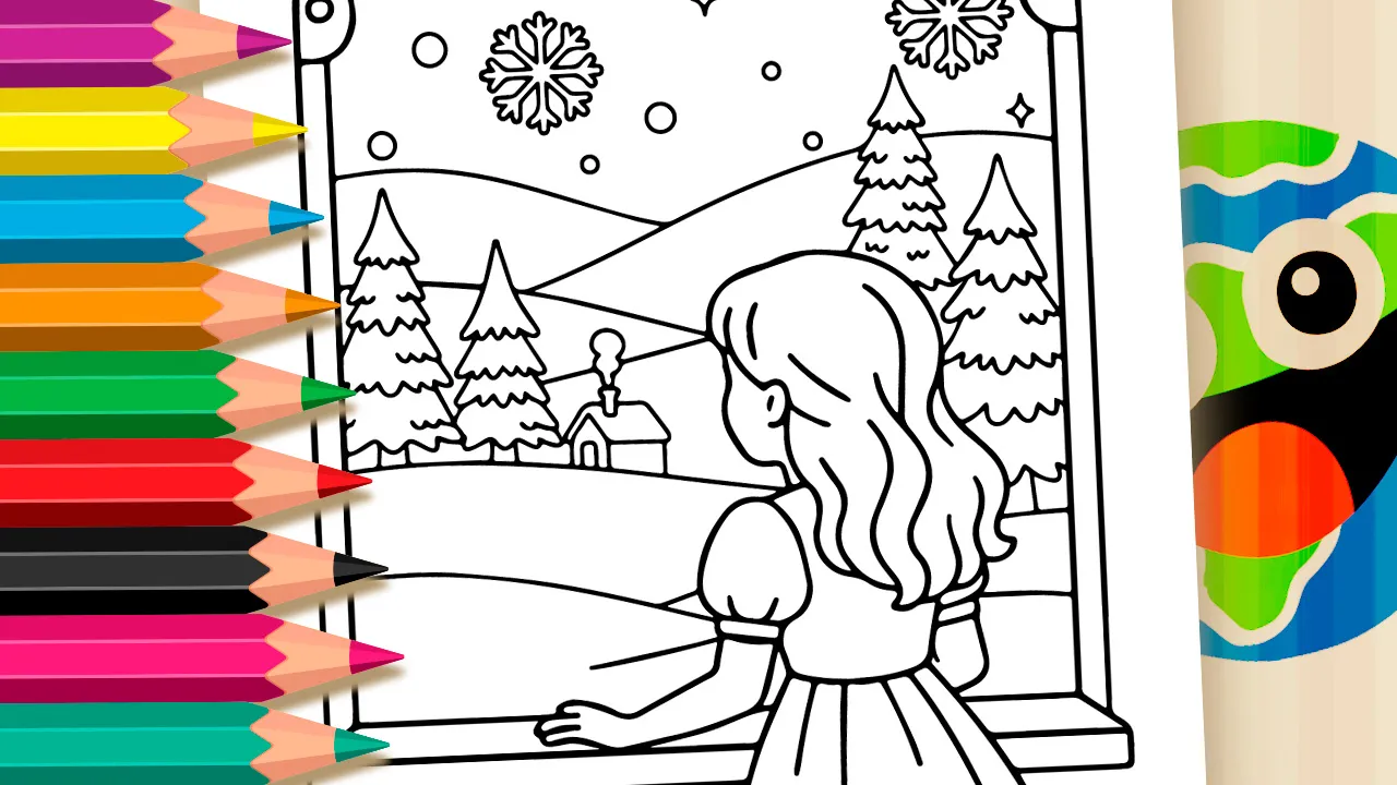 Desenho de Menina na Janela com Neve para Colorir e Imprimir