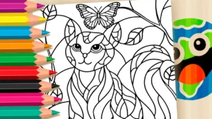 Desenho para colorir Desenho de Gato em Mosaico com Borboleta para Colorir