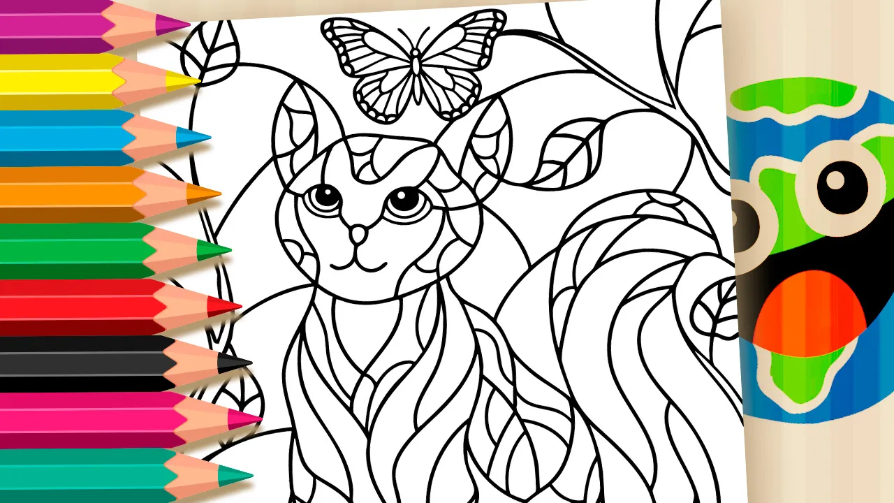 Desenho de Gato em Mosaico com Borboleta para Colorir