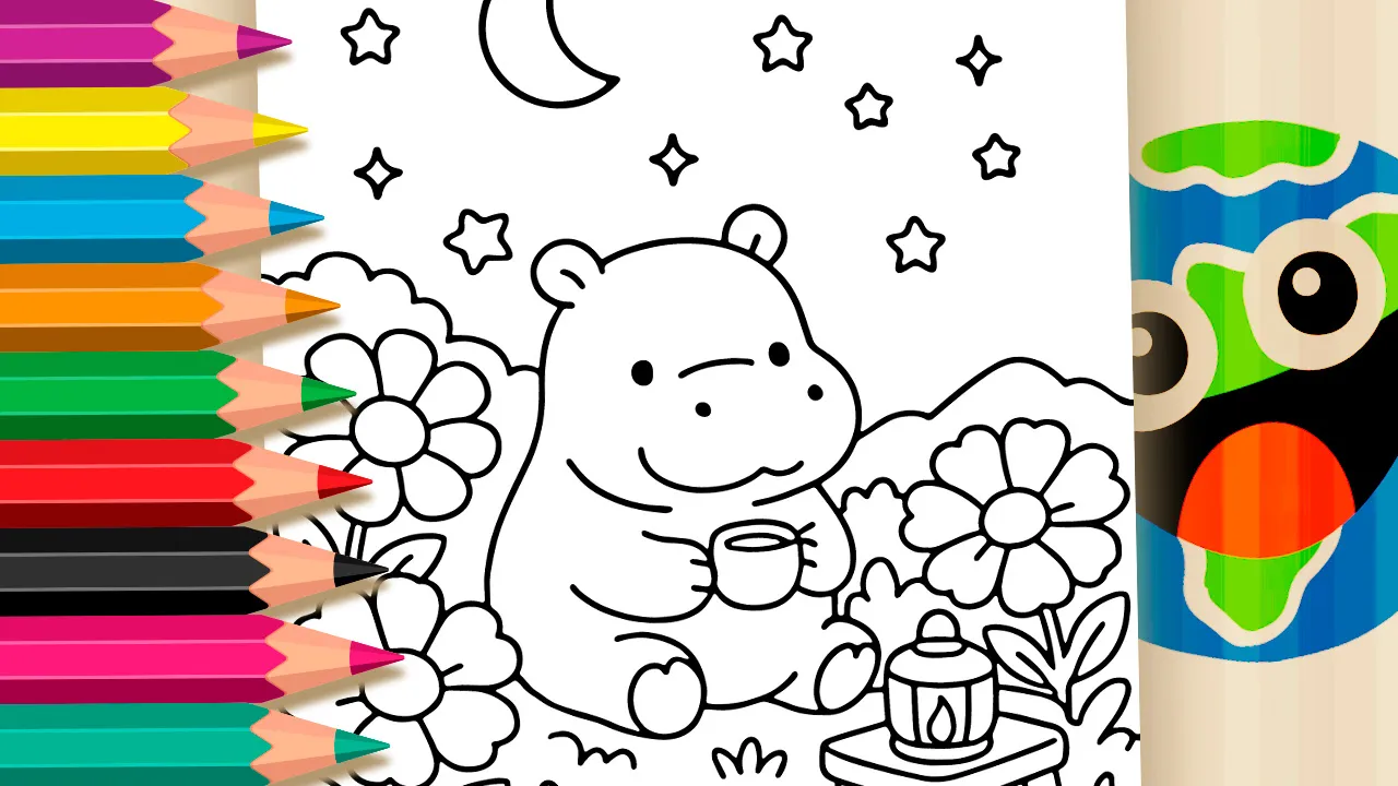 Desenho linear estilo kawaii de um hipopótamo sentado no jardim à noite segurando uma xícara, cercado por flores grandes, sob a luz de uma lanterna, a lua crescente e várias estrelas.