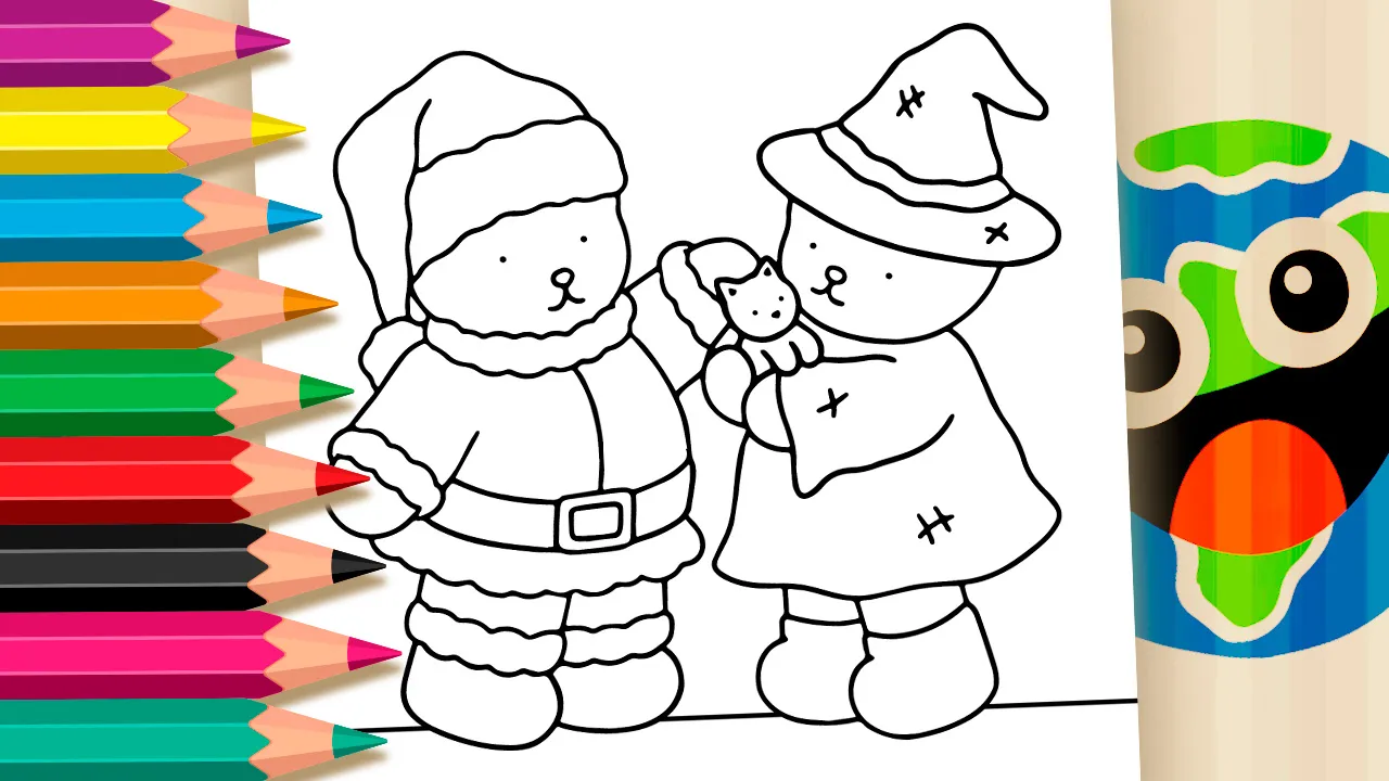 Desenho Kawaii de Papai Noel e Bruxinha para Colorir – Imprimir PDF ou Pintar Online