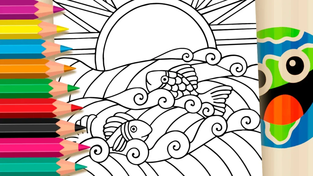 Desenho de peixes no mar para colorir e imprimir - dois peixes pulando nas ondas artísticas com sol ao fundo - atividade educativa grátis em PDF