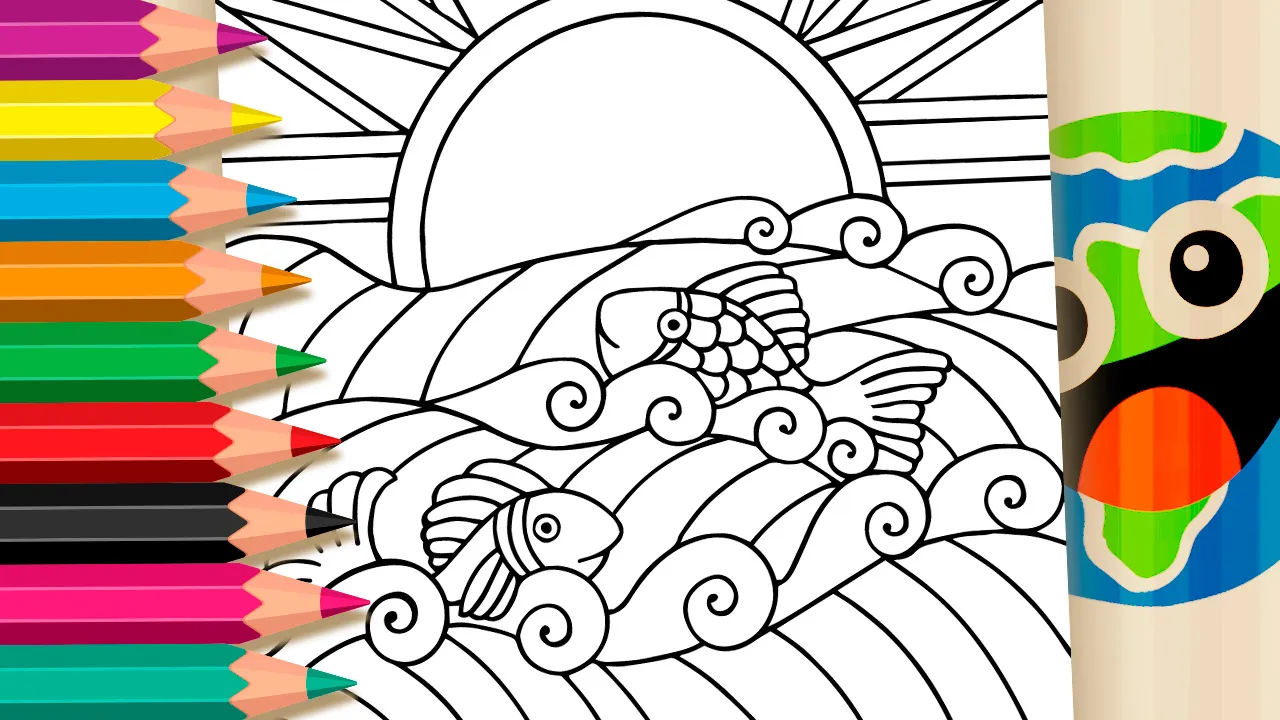 Desenho de peixes no mar para colorir e imprimir - dois peixes pulando nas ondas artísticas com sol ao fundo - atividade educativa grátis em PDF