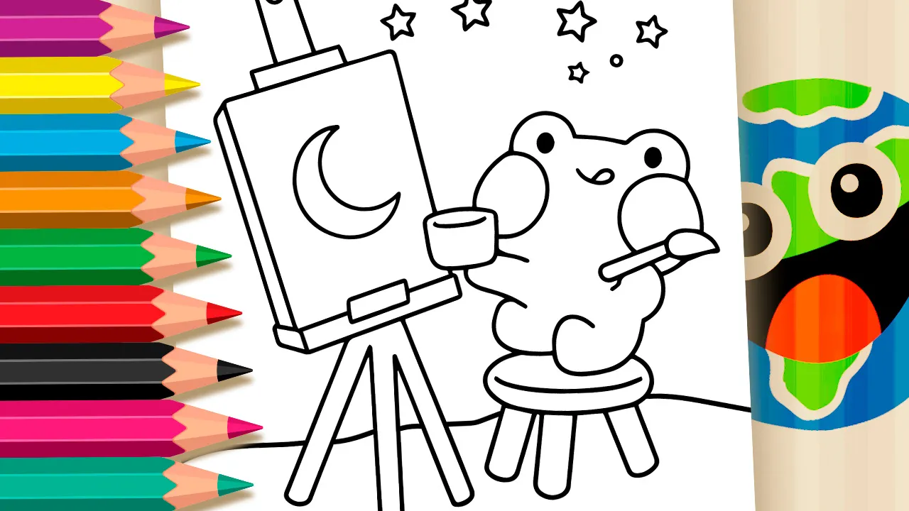 Ilustração estilo kawaii de um sapo sentado em um banquinho segurando pincel e tinta, pintando uma lua em um cavalete de pintura, sob um céu repleto de estrelas e uma lua crescente.