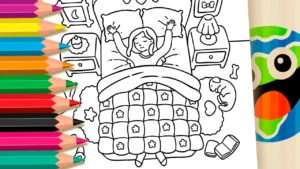 Desenho para colorir Desenho de Menina Espreguiçando na Cama para Colorir