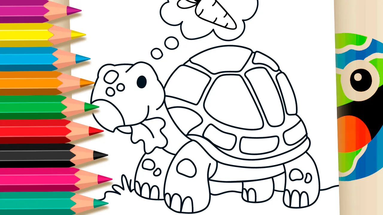 Desenho de tartaruga para colorir - tartaruga fofa comendo folha e pensando em cenoura - imprimir PDF ou colorir online grátis