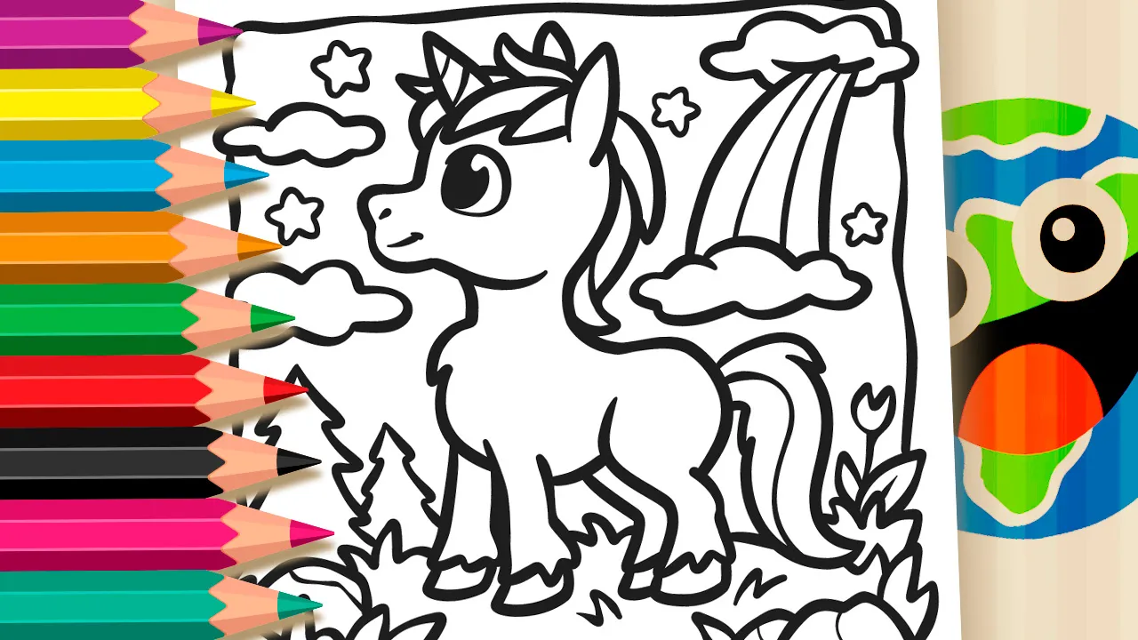 Desenho Kawaii de unicórnio para colorir - unicórnio fofo com arco-íris, estrelas e floresta de pinheiros - imprimir PDF ou colorir online grátis