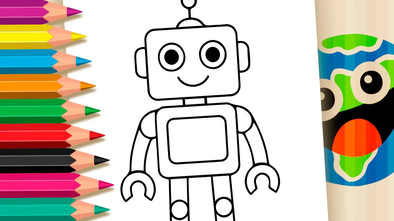 Desenho de traço simples mostrando um robô estilo cartoon sorridente, com corpo quadrado, uma antena na cabeça e painel no peito, pronto para colorir.