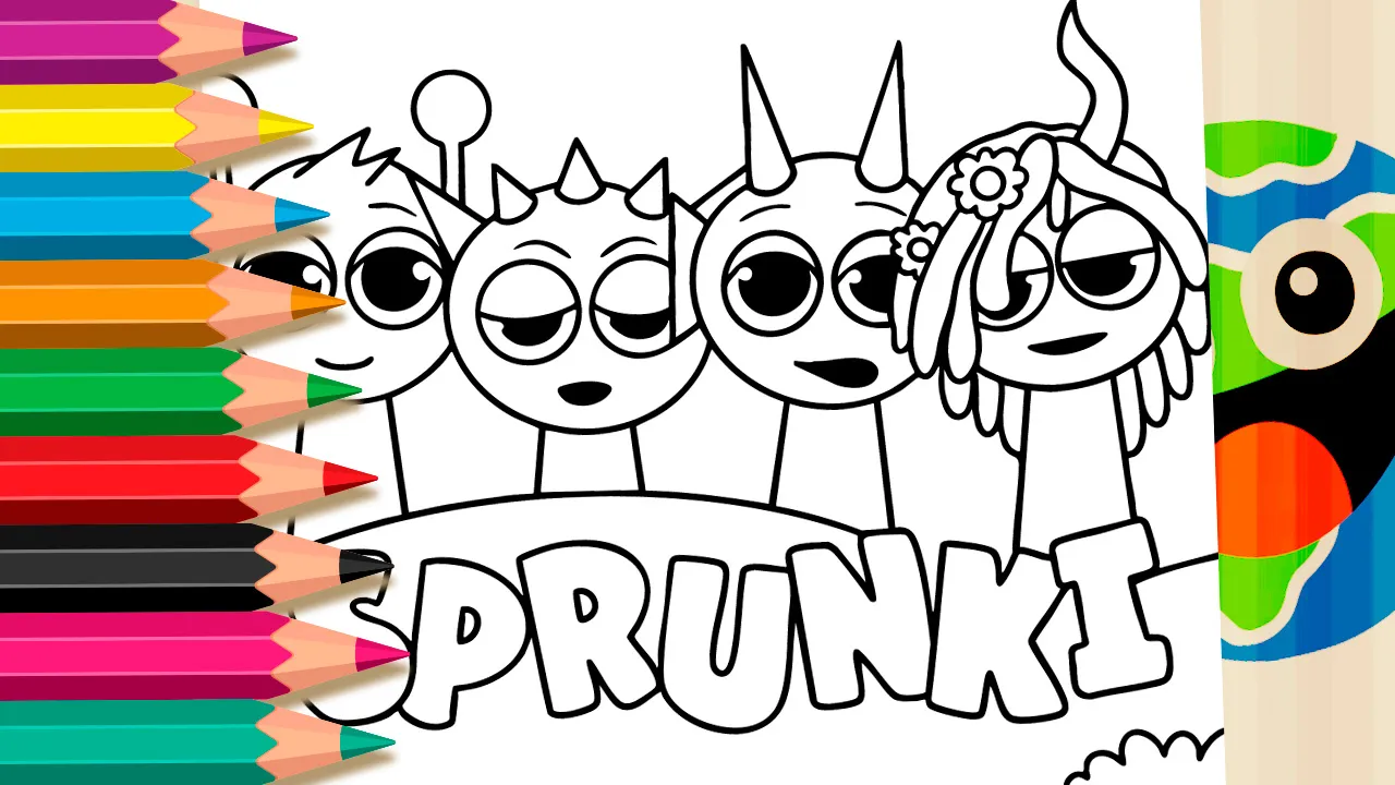 Desenho linear para colorir mostrando quatro personagens do mod Sprunki Incredibox lado a lado atrás de colinas, com o logotipo SPRUNKI em letras grandes e arredondadas.