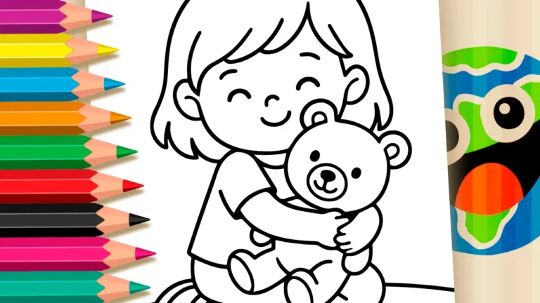 Desenho para colorir Desenhos para Colorir: O Abraço Carinhoso da Menina e o Ursinho