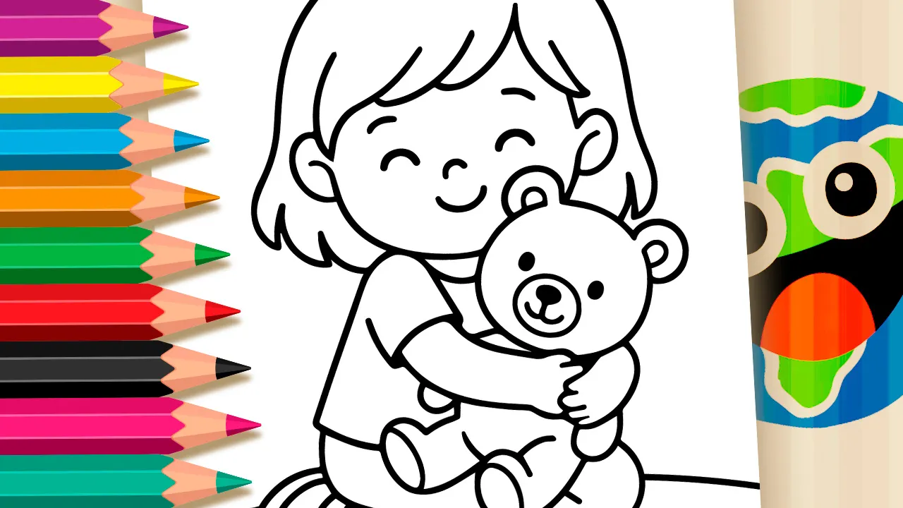 Ilustração infantil com traços grossos mostrando uma menina sorridente, de joelhos, dando um forte abraço em um urso de pelúcia fofinho.