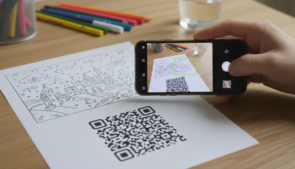 Celular escaneando QR Code na página impressa e abrindo o aplicativo de pintura digital