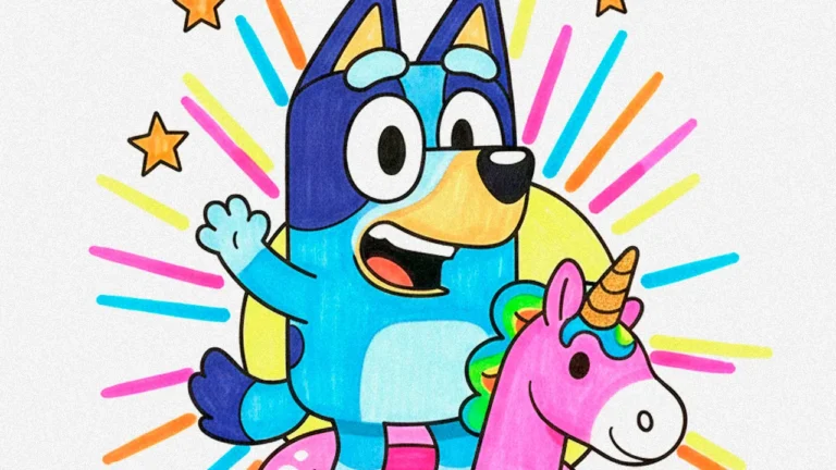 Bluey e seu unicórnio inflável ganham vida com cores vibrantes neste desenho, perfeito para inspirar a criatividade dos pequenos artistas!
