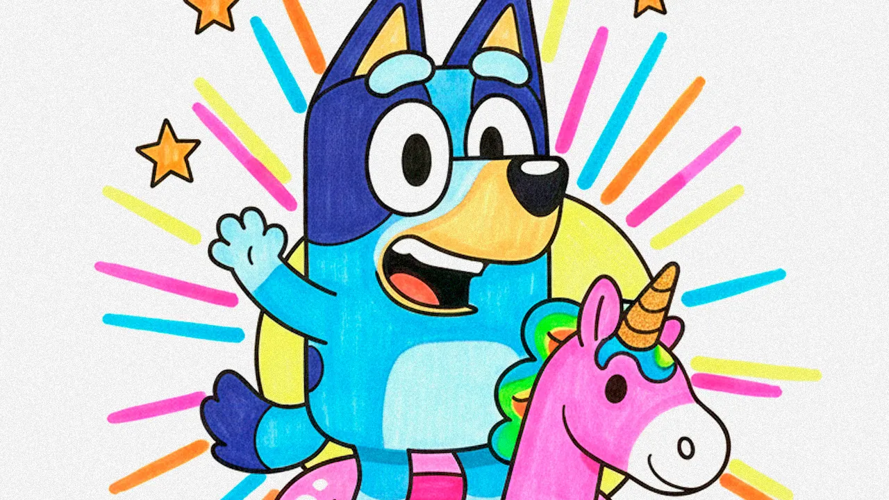 Bluey e seu unicórnio inflável ganham vida com cores vibrantes neste desenho, perfeito para inspirar a criatividade dos pequenos artistas!