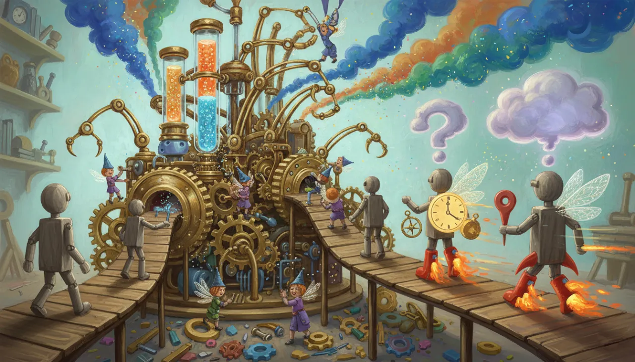 Uma ilustração mágica de uma oficina onde bonecos simples ganham "poderes" extras: um boneco ganha botas de foguete para correr rápido, outro ganha um relógio e uma bússola para saber o tempo e o lugar, e um terceiro ganha um ponto de interrogação gigante sobre a cabeça, mostrando como os advérbios mudam as coisas!