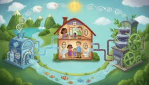 Uma ilustração mágica e panorâmica mostrando o ciclo completo da água: a chuva enche o rio, que passa por uma estação de tratamento brilhante para levar água limpa a uma casa feliz. O esgoto da casa vai para outra estação que limpa a água antes de devolvê-la ao rio, mantendo a natureza saudável e sem poluição!