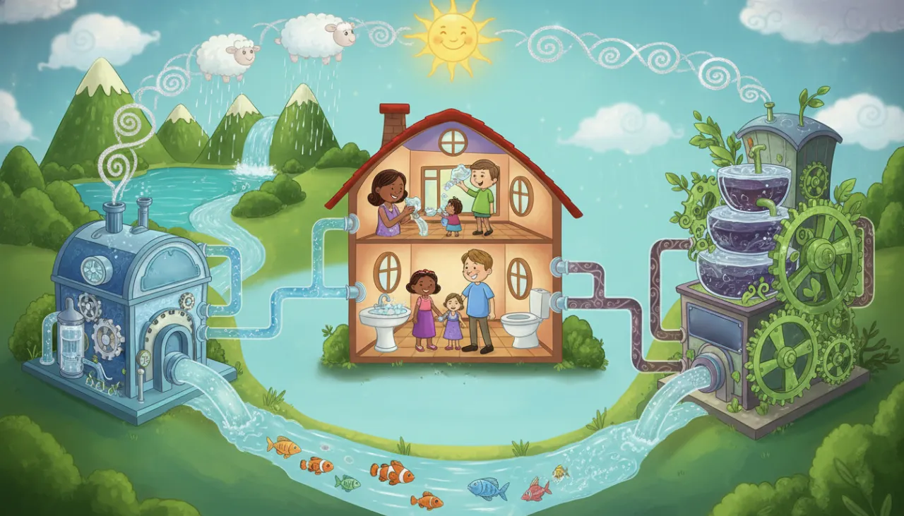 Uma ilustração mágica e panorâmica mostrando o ciclo completo da água: a chuva enche o rio, que passa por uma estação de tratamento brilhante para levar água limpa a uma casa feliz. O esgoto da casa vai para outra estação que limpa a água antes de devolvê-la ao rio, mantendo a natureza saudável e sem poluição!