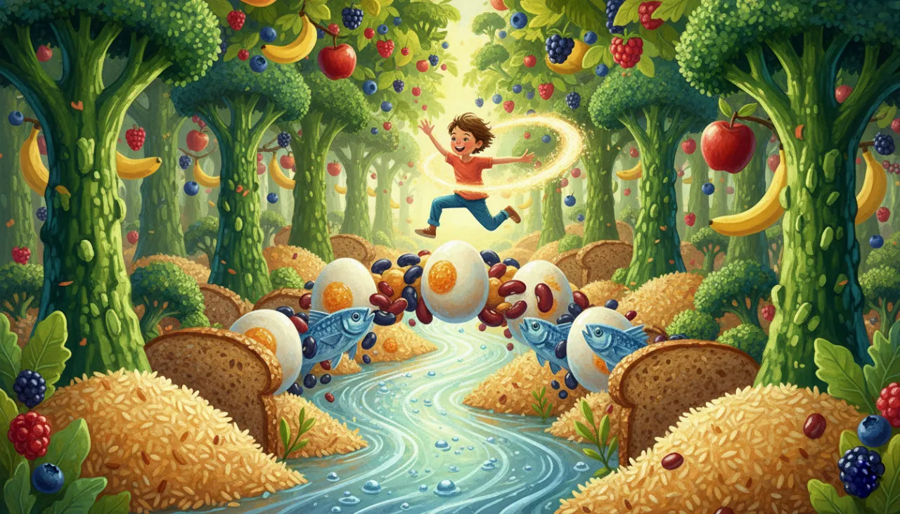 Um mundo mágico e colorido feito de comidas saudáveis gigantes, onde uma criança cheia de energia brinca entre florestas de brócolis, caminhos de pão e rios de água pura!