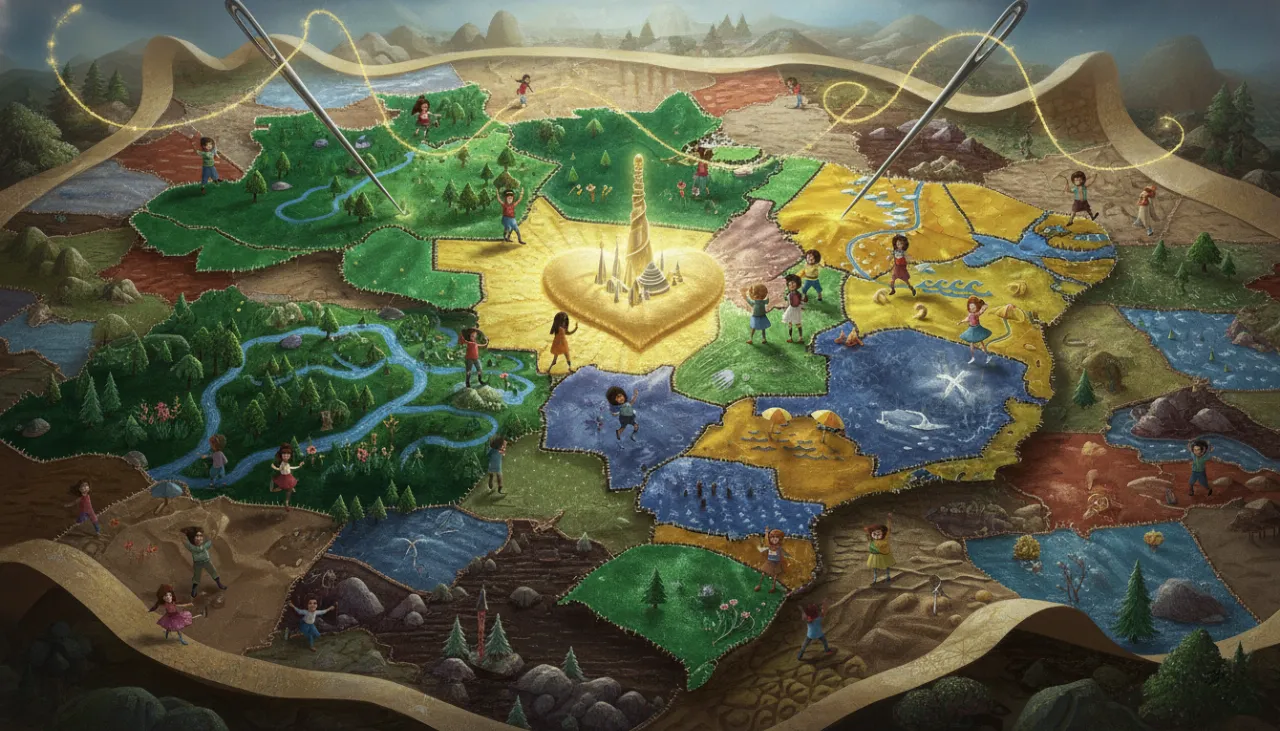 Um mapa gigante e mágico do Brasil feito como uma colcha de retalhos, onde cada pedacinho de tecido mostra uma parte diferente e divertida do nosso país!