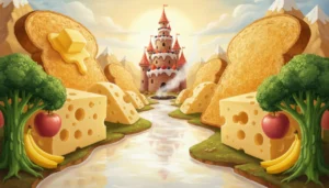 Uma paisagem deliciosa onde montanhas de pão, rios de leite e um castelo de bolo criam o mundo perfeito do café da manhã!