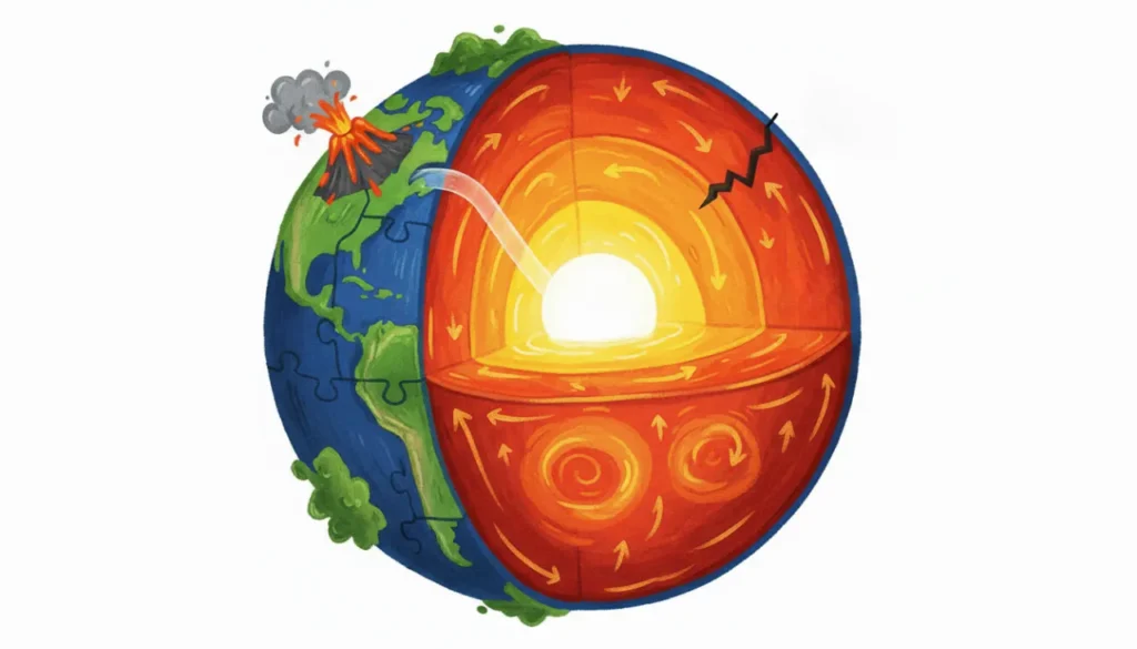 Uma ilustração didática mostrando a Terra cortada ao meio. No centro, um núcleo brilhante (sólido e líquido). Ao redor, o manto de magma laranja fervilhando com correntes que empurram a casca fina da Terra. Na superfície, essas correntes causam um vulcão em erupção e uma rachadura de terremoto, mostrando como o interior do planeta move o exterior!