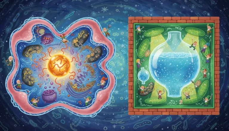 Uma ilustração mágica comparando duas células cortadas ao meio. À esquerda, a célula animal é redonda e flexível, cheia de pequenas máquinas geradoras de energia. À direita, a célula vegetal é quadrada e rígida como um tijolo verde, contendo um tanque de água gigante e painéis solares internos, com ambas tendo um núcleo central brilhante.