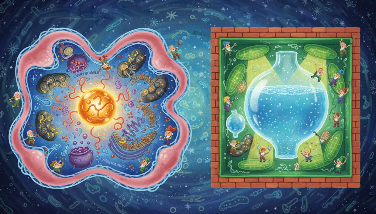 Uma ilustração mágica comparando duas células cortadas ao meio. À esquerda, a célula animal é redonda e flexível, cheia de pequenas máquinas geradoras de energia. À direita, a célula vegetal é quadrada e rígida como um tijolo verde, contendo um tanque de água gigante e painéis solares internos, com ambas tendo um núcleo central brilhante.